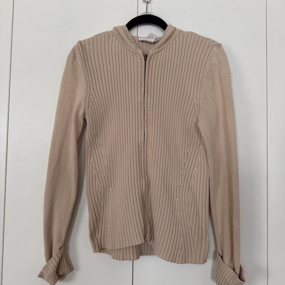 Evan Picone Cream Cable Knit Zip Hoodie Cardigan Sweater Medium - Picture 1 of 8